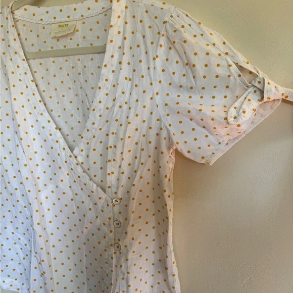 Anthropologie Maeve Shirt Top Women M Cream Linen Polka Dot Wrap Vintage Beach - Picture 4 of 11